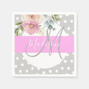 Chic & Girly Floral White Pink Grey Monogram Name Napkin