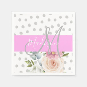 Chic & Girly Floral White Pink Grey Monogram Name Napkin