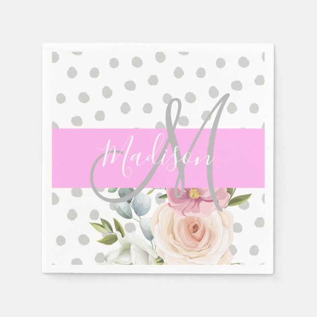 Chic & Girly Floral White Pink Grey Monogram Name Napkin (Front)