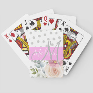 Chic & Girly Floral White Pink Grey Monogram Name Playing Cards