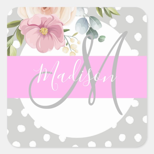 Chic & Girly Floral White Pink Grey Monogram Name Square Sticker (Front)