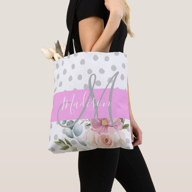 Chic & Girly Floral White Pink Grey Monogram Name Tote Bag (Close Up)