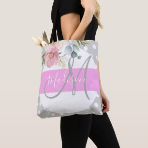 Chic & Girly Floral White Pink Grey Monogram Name Tote Bag