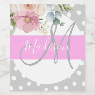 Chic & Girly Floral White Pink Grey Monogram Name Wine Label
