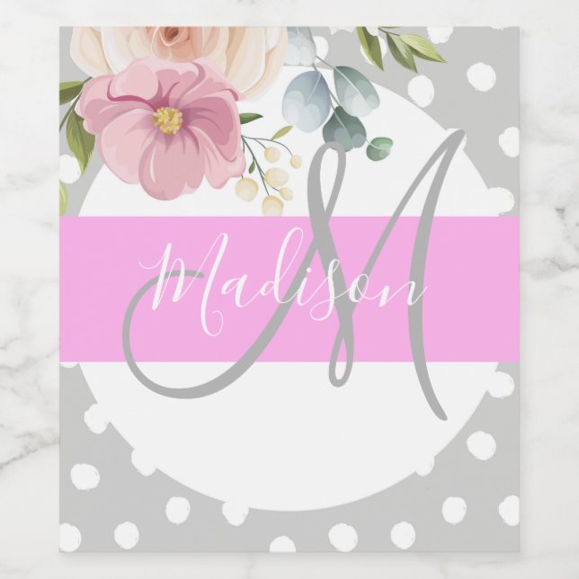 Chic & Girly Floral White Pink Grey Monogram Name Wine Label (Single Label)