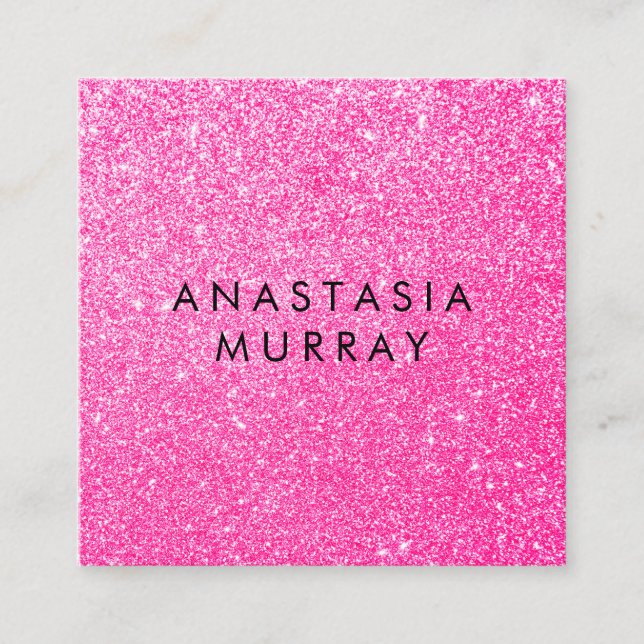 Chic, Girly & Glam Black Hot Pink Glitter Sparkles Square Business Card (Front)