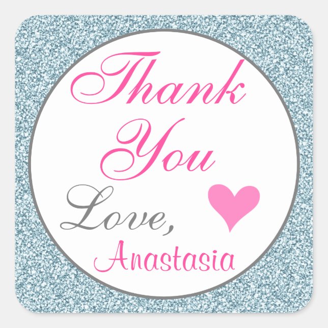 Chic Girly Glam Pink Light Blue Glitter Thank You Square Sticker (Front)
