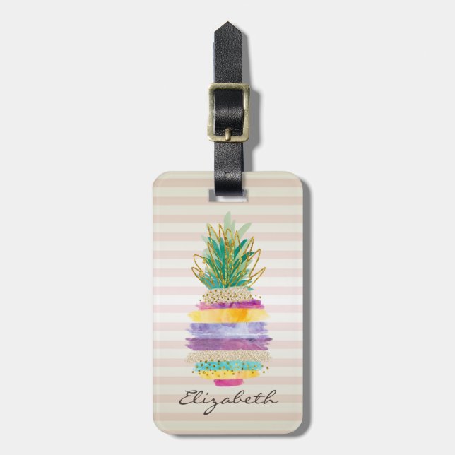 Chic Girly Glitter Pineapple ,Stripes Luggage Tag (Front Vertical)