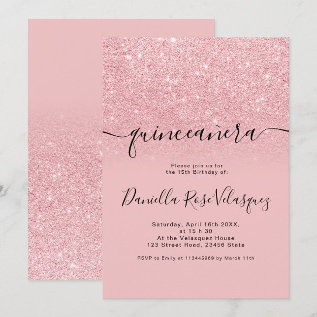 Chic girly glitter sparkles pink ombre quinceanera invitation (Front/Back)