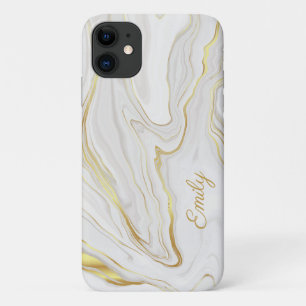 Chic Girly Gold and White Marble Personalised Name iPhone 11 Case