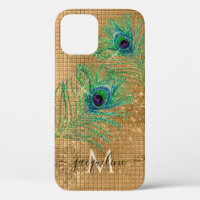 Chic Girly Gold Glitter Peacock Feathers Monogram