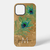 Chic Girly Gold Glitter Peacock Feathers Monogram