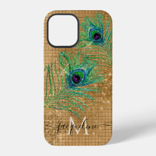 Chic Girly Gold Glitter Peacock Feathers Monogram iPhone 12 Case