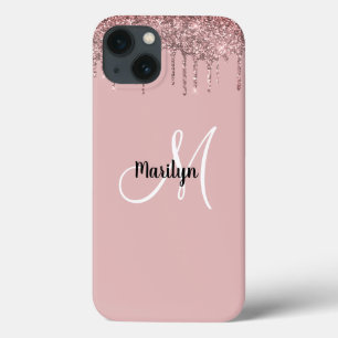 Chic Girly Gold Pink Glitter Drips Monogram Name D iPhone 13 Case