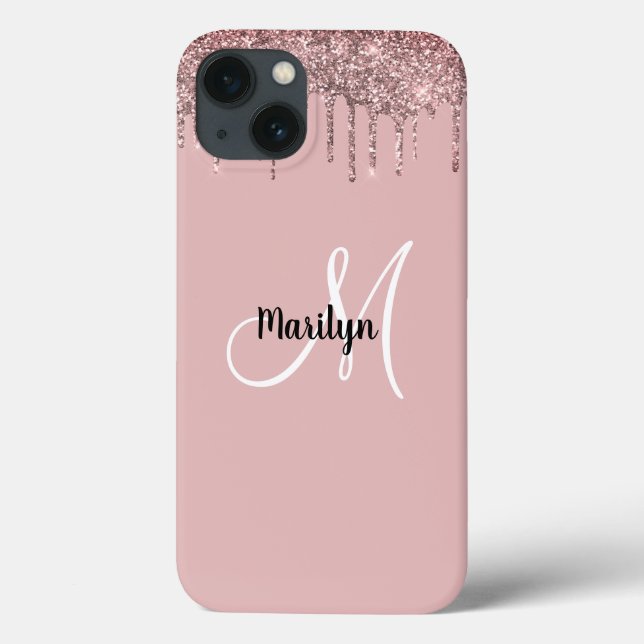 Chic Girly Gold Pink Glitter Drips Monogram Name D Case-Mate iPhone Case (Back)