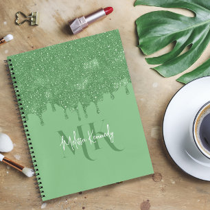 Chic Girly Green Glitter Drips Monogram With Name Notebook
