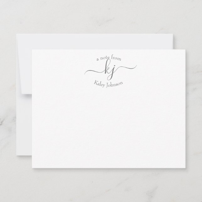 Chic Girly Grey White 2 Monogram Name Note Card (Front)