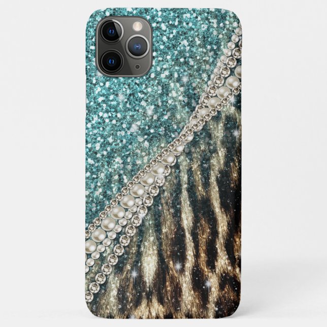 Chic Girly Leopard Print Blue Glitter Case-Mate iPhone Case (Back)