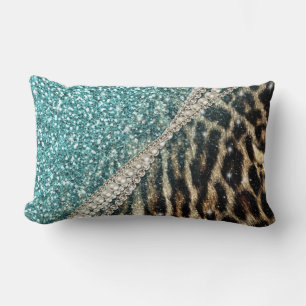 Chic Girly Leopard Print Blue Glitter Lumbar Cushion