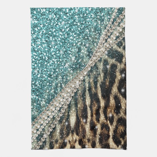 Chic Girly Leopard Print Blue Glitter Tea Towel (Vertical)