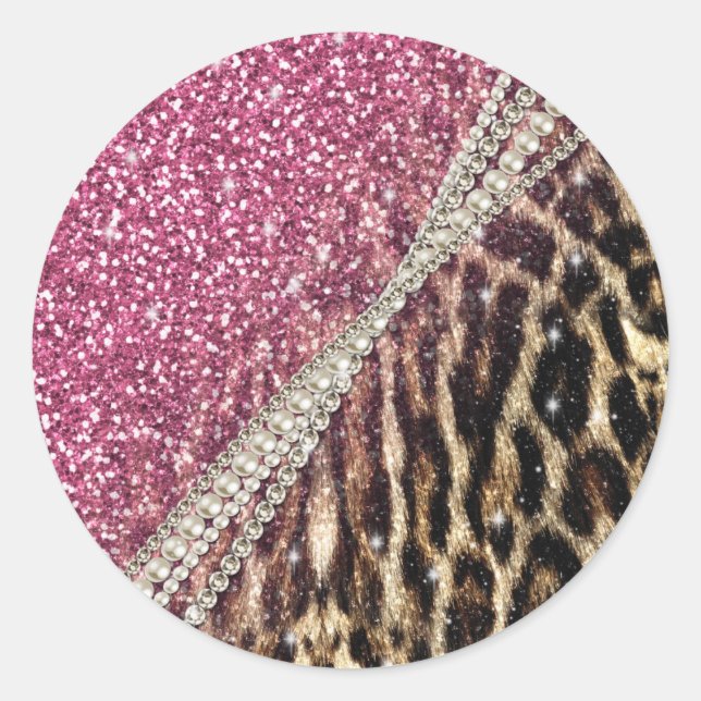 Chic Girly Leopard Print Pink Glitter Classic Round Sticker (Front)