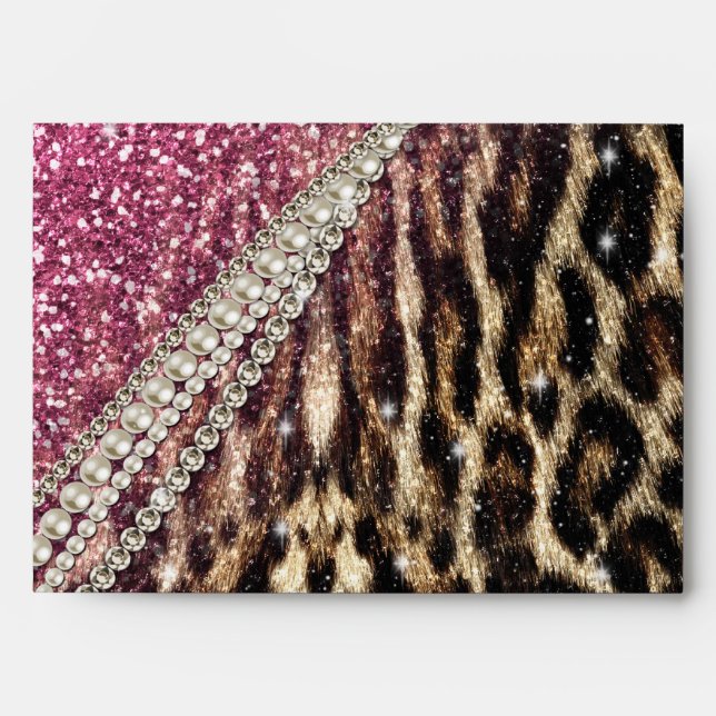 Chic Girly Leopard Print Pink Glitter Envelopes (Front)