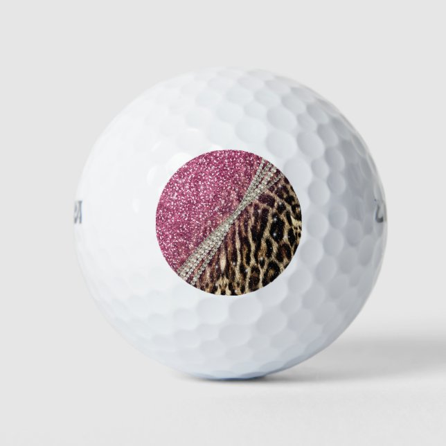 Chic Girly Leopard Print Pink Glitter Golf Balls (Front)