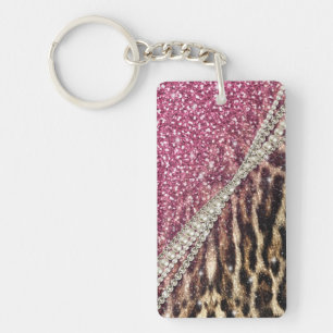 Chic Girly Leopard Print Pink Glitter Key Ring