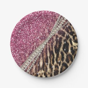 Chic Girly Leopard Print Pink Glitter Paper Plate