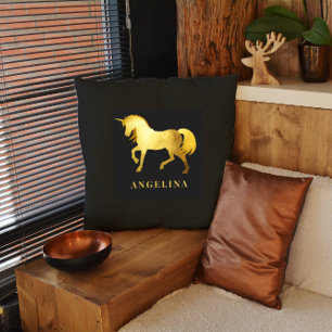  Chic Girly Luxury Black Gold Unicorn Personalised Cushion