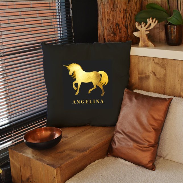  Chic Girly Luxury Black Gold Unicorn Personalised Cushion (Creator Uploaded)