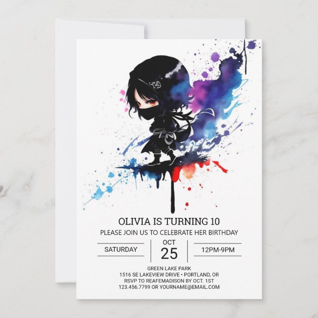 Chic Girly Ninja Editable Birthday Invitation (Front)