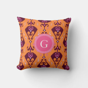 Chic girly orange ikat tribal pattern monogram cushion
