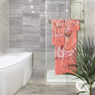 Chic Girly Peach Pink Flowers Monogram Bath Towel Set