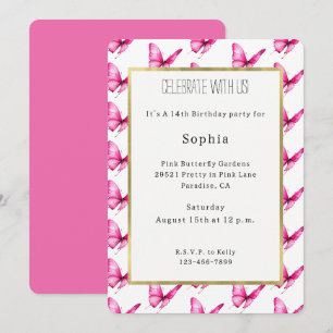 Chic Girly Pink Butterflies Birthday Invitation
