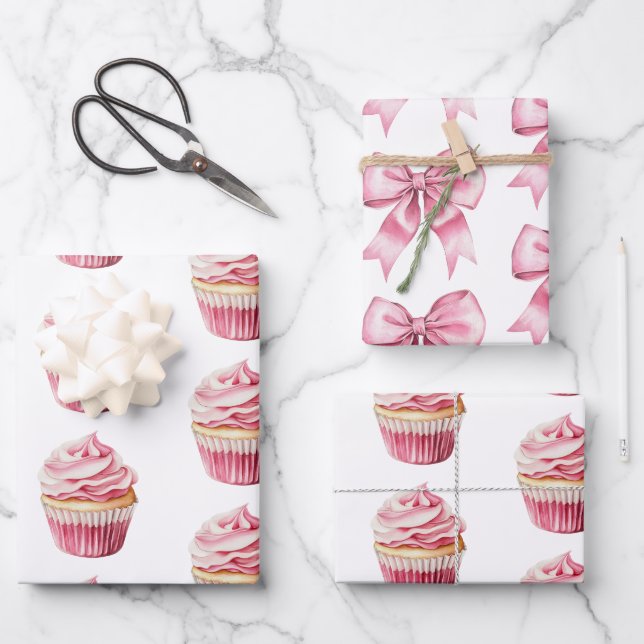 Chic Girly Pink Cupcake Birthday Wrapping Paper Sheet (Front)