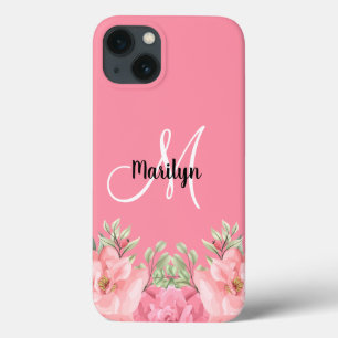Chic Girly Pink Floral Monogram Name   iPhone 13 Case