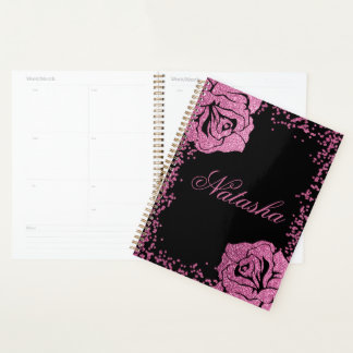 Chic Girly Pink Glitter Rose Black Personalised Planner