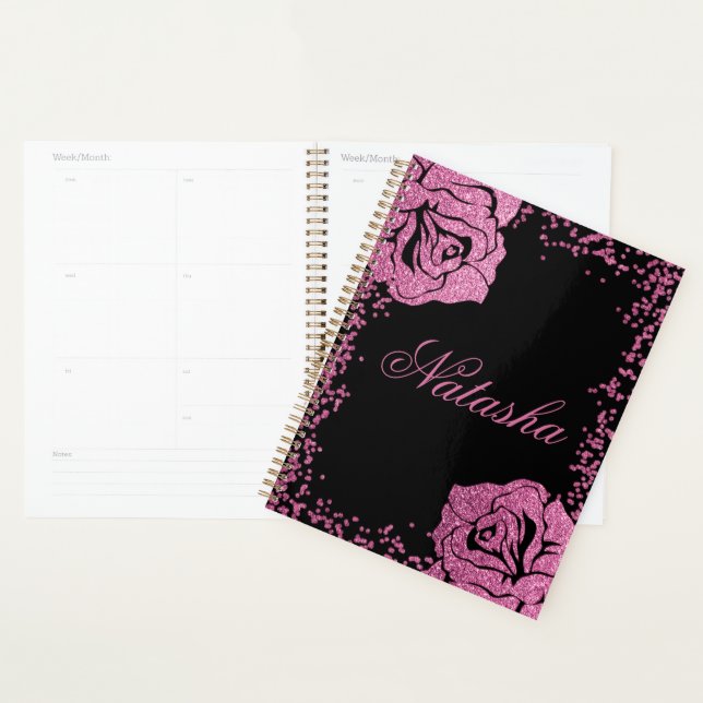 Chic Girly Pink Glitter Rose Black Personalised Planner (Display)