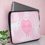 Chic Girly Pink Heart Monogram Initial Watercolor Laptop Sleeve<br><div class="desc">This neoprene laptop sleeve features a chic pink and white watercolor background with a heart centre and a first name and initial letter monogram. Personalise the text fields with a first or last name and initial and the back side data. You can remove one or both front text or click...</div>