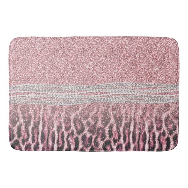 Chic Girly Pink Leopard animal print Glitter Image Bath Mat (Front)