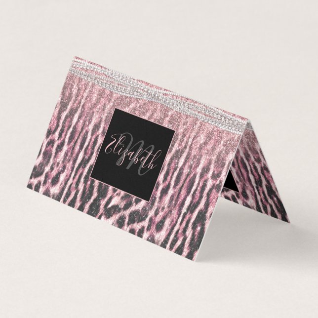 Chic Girly Pink Leopard animal print Glitter Image Business Card (Front)
