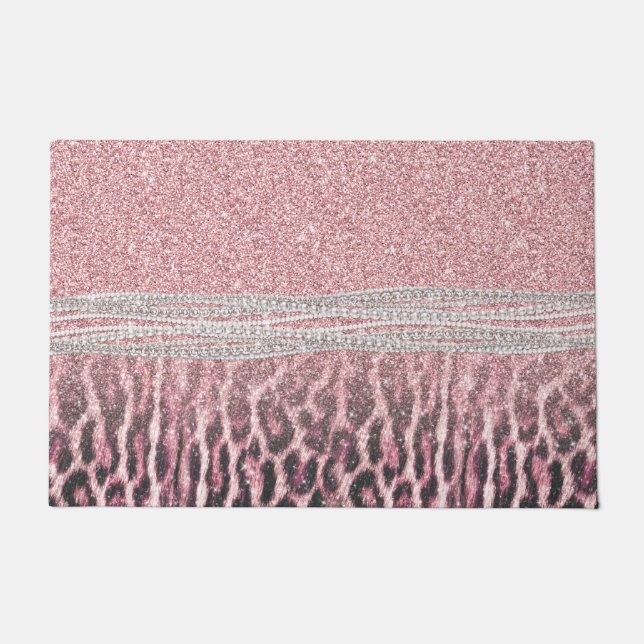 Chic Girly Pink Leopard animal print Glitter Image Doormat (Front)