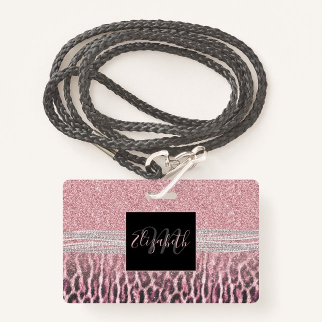 Chic Girly Pink Leopard animal print Glitter Image ID Badge (Front with Lanyard)