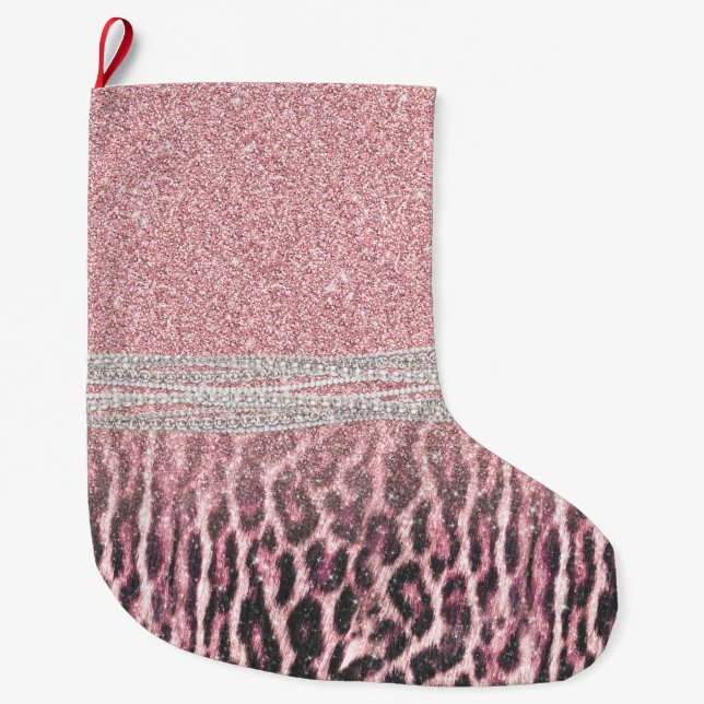 Chic Girly Pink Leopard animal print Glitter Image Large Christmas Stocking (Front)