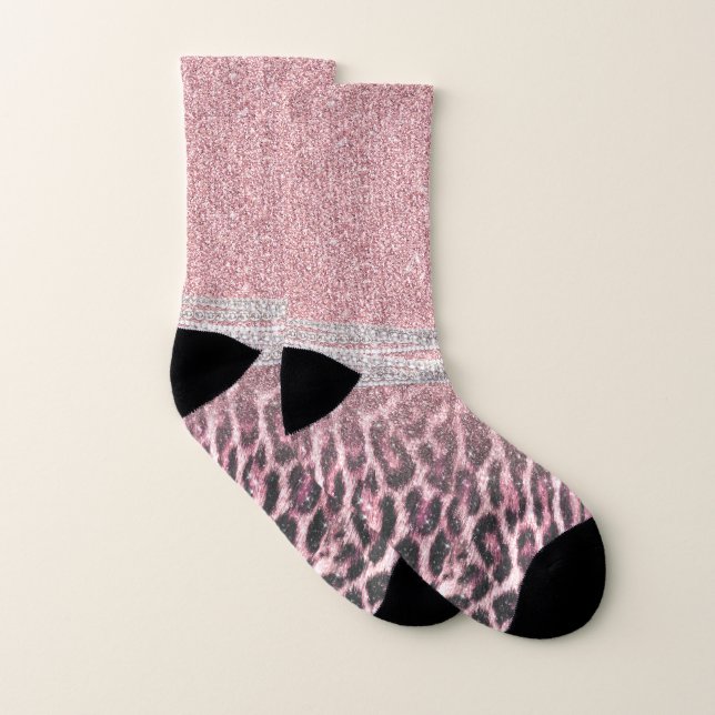 Chic Girly Pink Leopard animal print Glitter Image Socks (Pair)