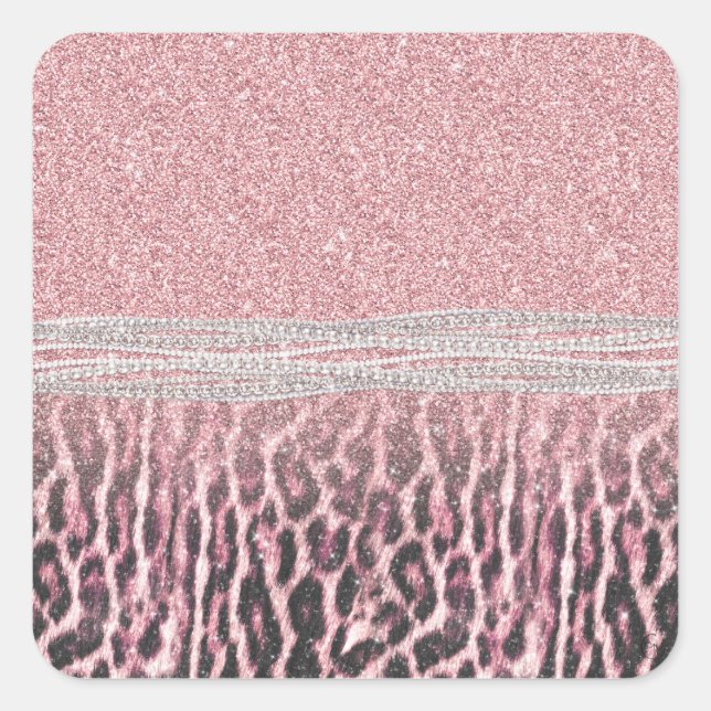 Chic Girly Pink Leopard animal print Glitter Image Square Sticker (Front)