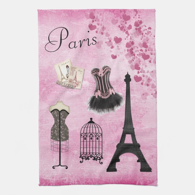 Chic Girly Pink Paris Fashion Kitchen Towel (Vertical)