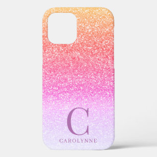 Chic Girly Pink Rainbow Glitter Ombre Monogram Case-Mate iPhone Case