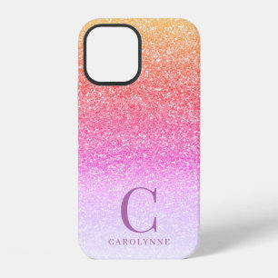 Chic Girly Pink Rainbow Glitter Ombre Monogram iPhone 12 Case